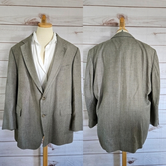 Oscar de la Renta Vintage Silk and Wool Micro Houndstooth Blazer In Gray Sz 50R - Picture 1 of 16
